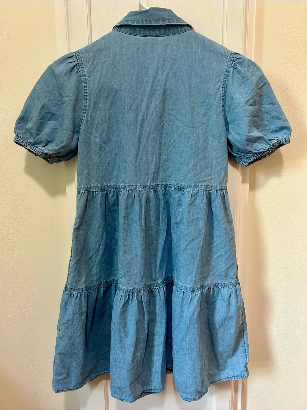 Wonder Nation Girls Denim Tiered Shirt Dress Blue Chambray Puff Sleeve Sz M 7-8